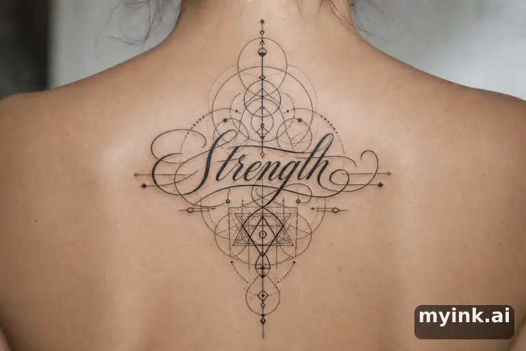 Word 'Strength' in elegant script — Geometric Tattoo Design reference image