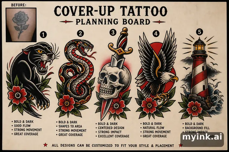 Cover-up tattoo planning board showing five blackwork directions — Traditional Tattoo Design reference image