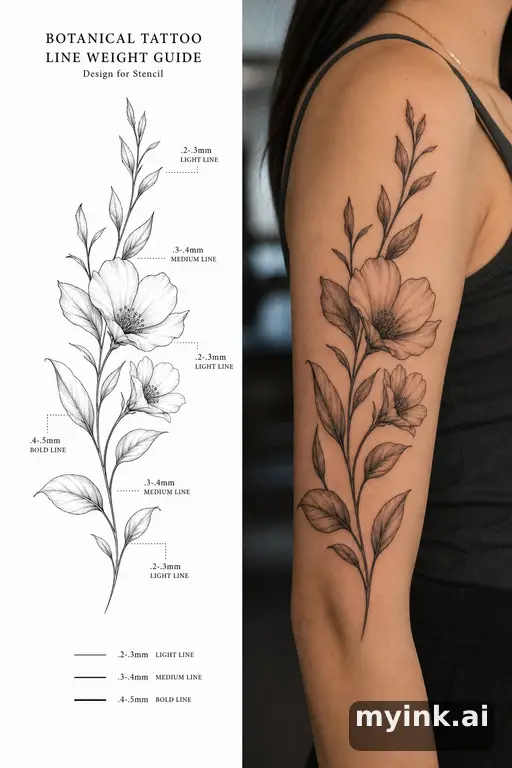Clean stencil-ready botanical tattoo with line weight annotations — Realistic Tattoo Design reference image