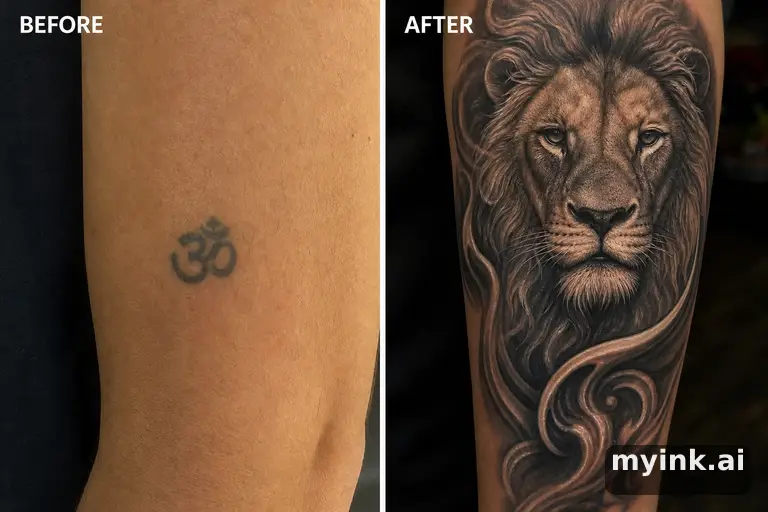 Before-and-after cover-up direction that absorbs an old small symbol — Realistic Tattoo Design reference image