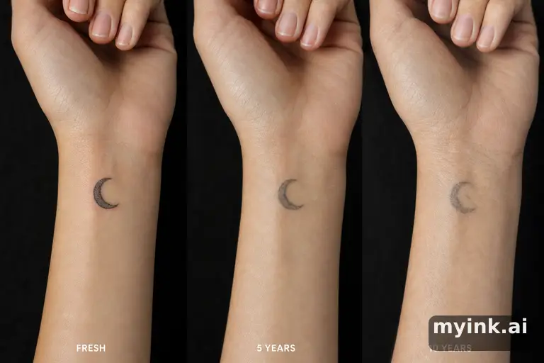 Tattoo aging comparison for a minimalist wrist design over ten years — Realistic Tattoo Design reference image