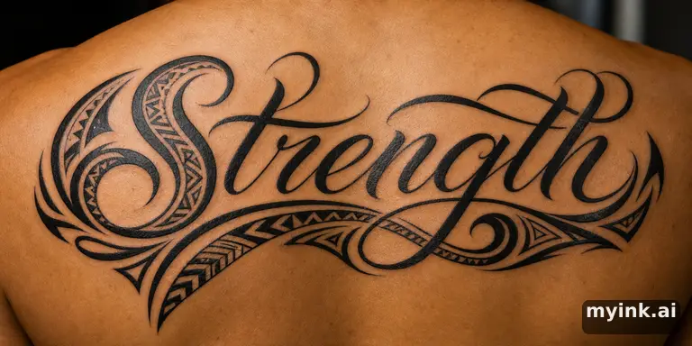 Word 'Strength' in elegant script — Tribal Tattoo Design reference image