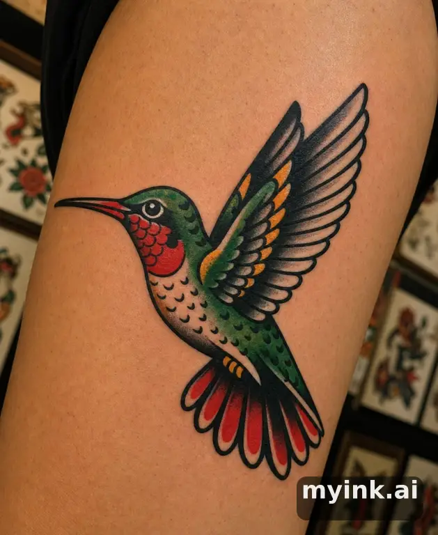 Hummingbird in flight — Traditional Tattoo Design reference image