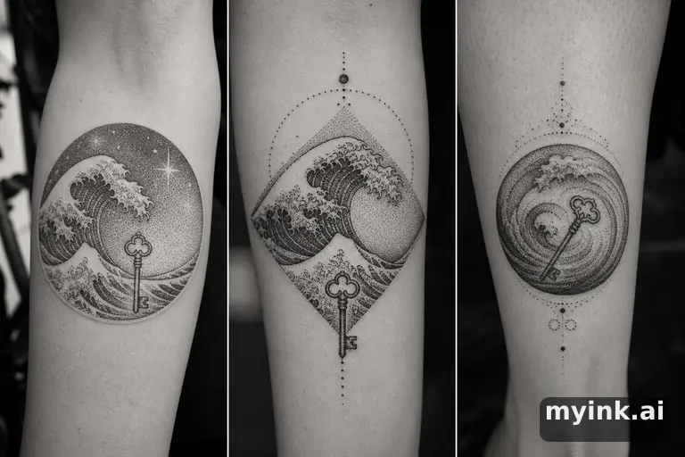 Three symbolic memorial tattoo routes based on ocean waves and a small key — Dotwork Tattoo Design reference image