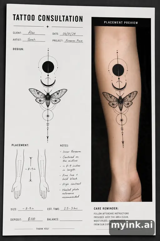 First tattoo consultation sheet with a fine-line forearm design and placement notes — Blackwork Tattoo Design reference image