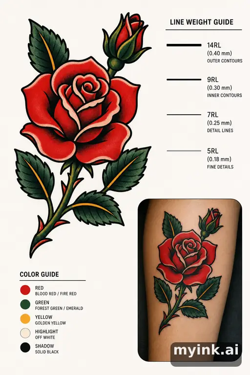 Clean stencil-ready botanical tattoo with line weight annotations — Traditional Tattoo Design reference image