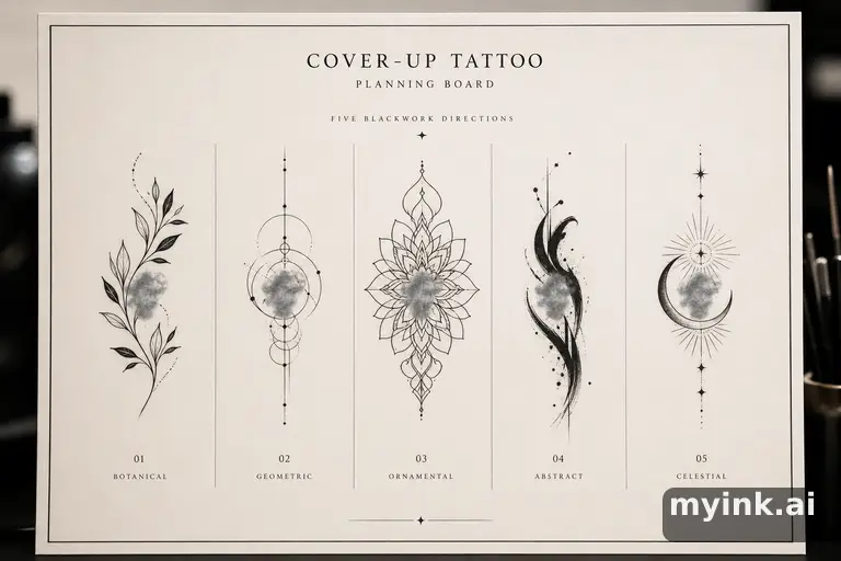 Cover-up tattoo planning board showing five blackwork directions — Minimalist Tattoo Design reference image