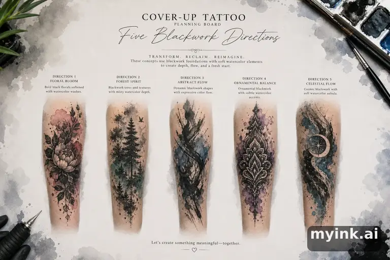 Cover-up tattoo planning board showing five blackwork directions — Watercolor Tattoo Design reference image