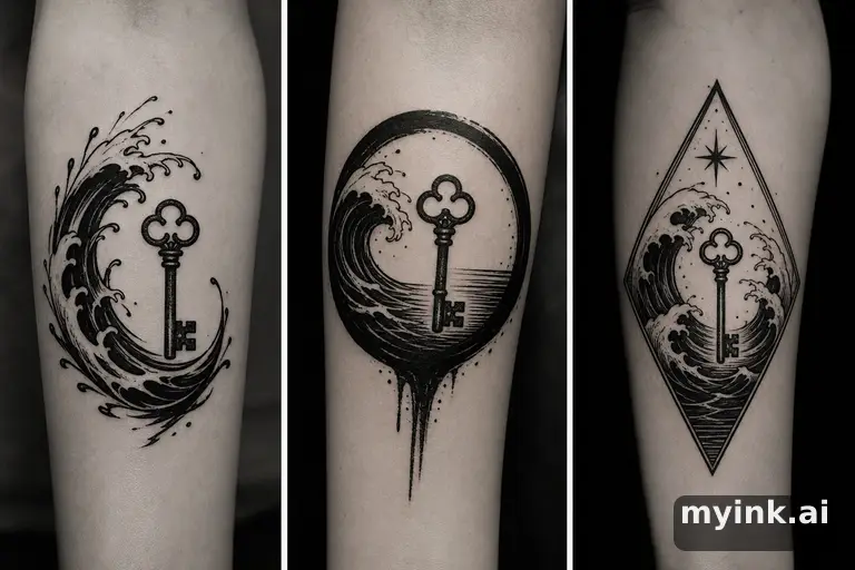 Three symbolic memorial tattoo routes based on ocean waves and a small key — Blackwork Tattoo Design reference image