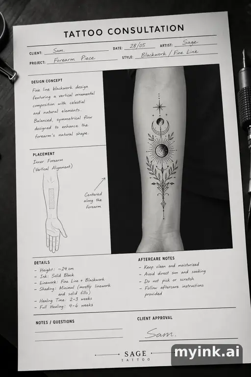 First tattoo consultation sheet with a fine-line forearm design and placement notes — Blackwork Tattoo Design reference image