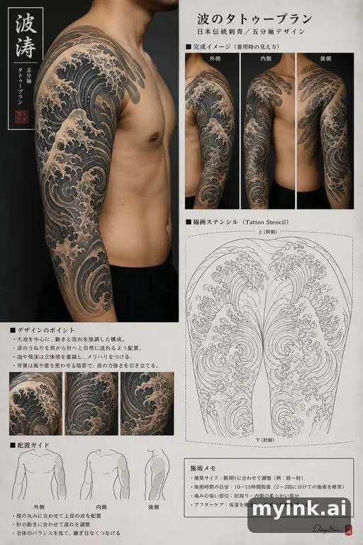 Consultation-ready Japanese wave tattoo plan with stencil and placement notes — Japanese Tattoo Design reference image
