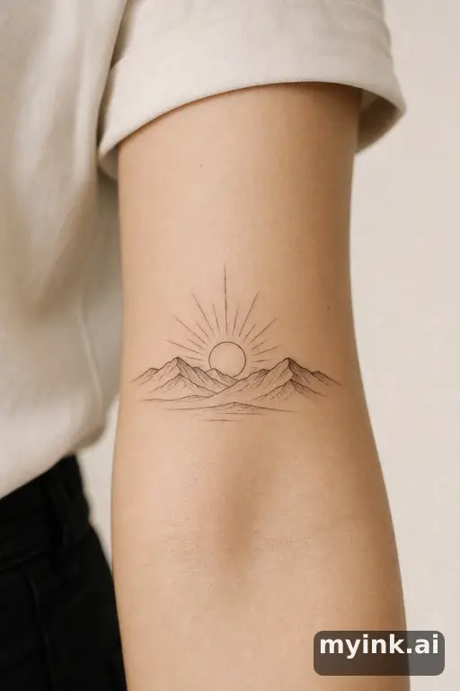 Sunrise over mountains — Minimalist Tattoo Design reference image