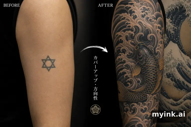 Before-and-after cover-up direction that absorbs an old small symbol — Japanese Tattoo Design reference image