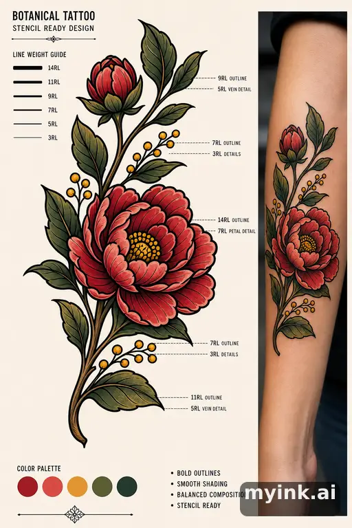 Clean stencil-ready botanical tattoo with line weight annotations — Neotraditional Tattoo Design reference image