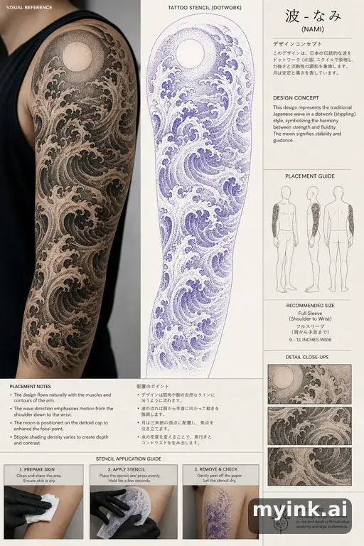 Consultation-ready Japanese wave tattoo plan with stencil and placement notes — Dotwork Tattoo Design reference image