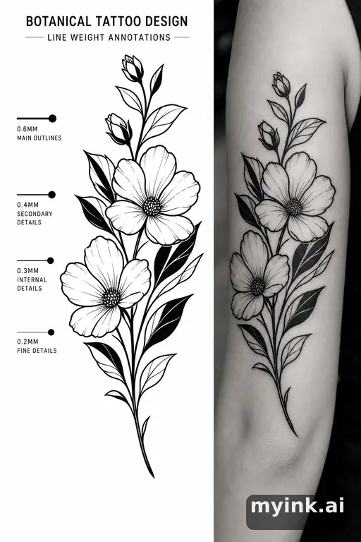 Clean stencil-ready botanical tattoo with line weight annotations — Blackwork Tattoo Design reference image