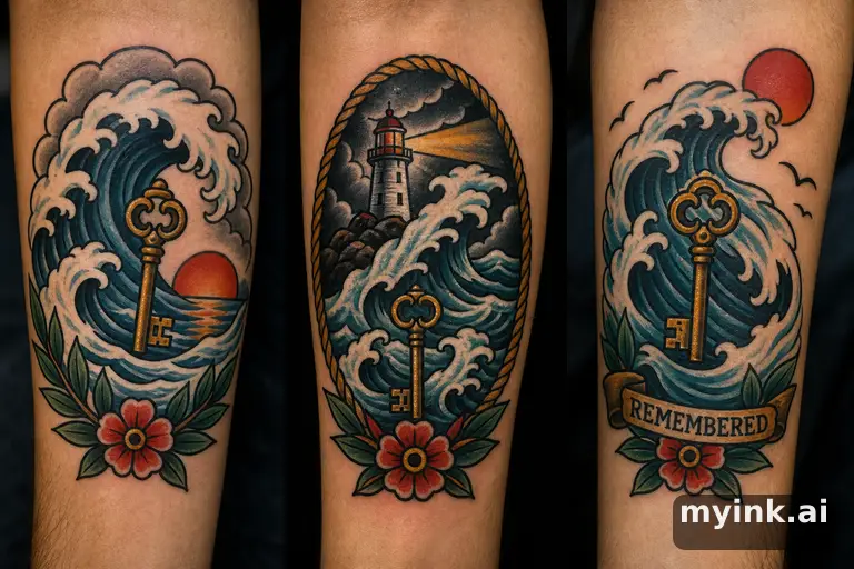 Three symbolic memorial tattoo routes based on ocean waves and a small key — Traditional Tattoo Design reference image