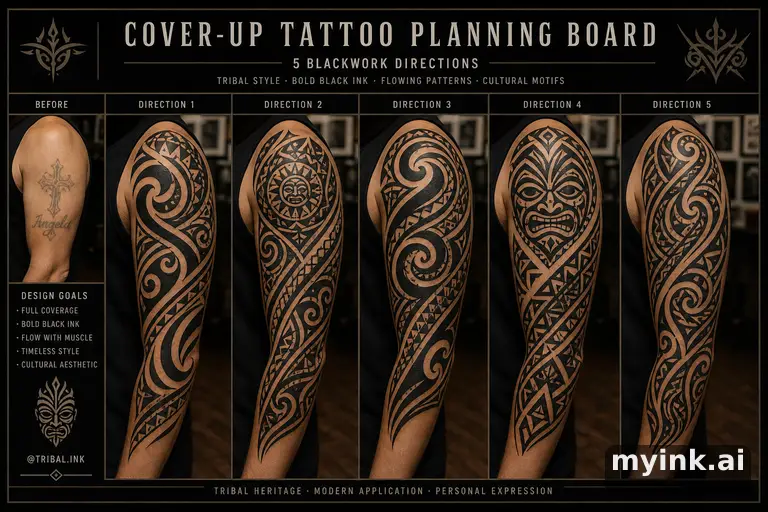 Cover-up tattoo planning board showing five blackwork directions — Tribal Tattoo Design reference image