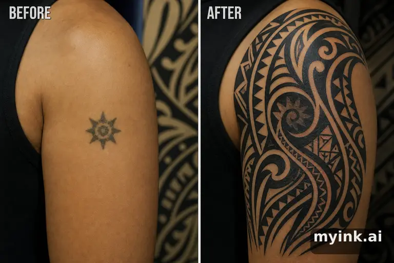 Before-and-after cover-up direction that absorbs an old small symbol — Tribal Tattoo Design reference image