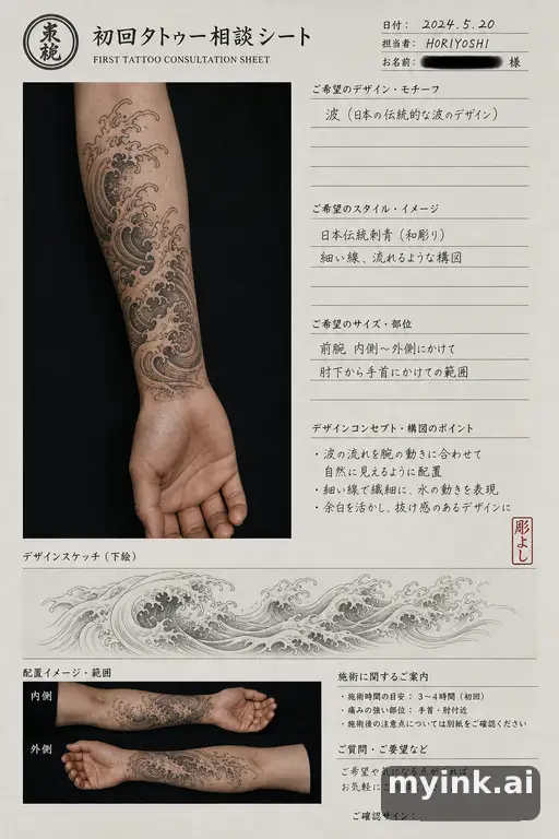 First tattoo consultation sheet with a fine-line forearm design and placement notes — Japanese Tattoo Design reference image