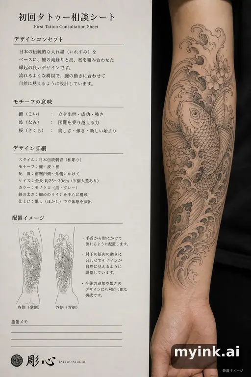 First tattoo consultation sheet with a fine-line forearm design and placement notes — Japanese Tattoo Design reference image