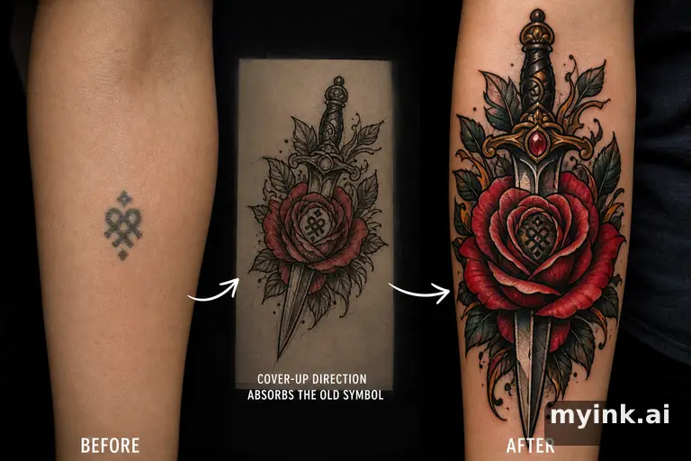 Before-and-after cover-up direction that absorbs an old small symbol — Neotraditional Tattoo Design reference image