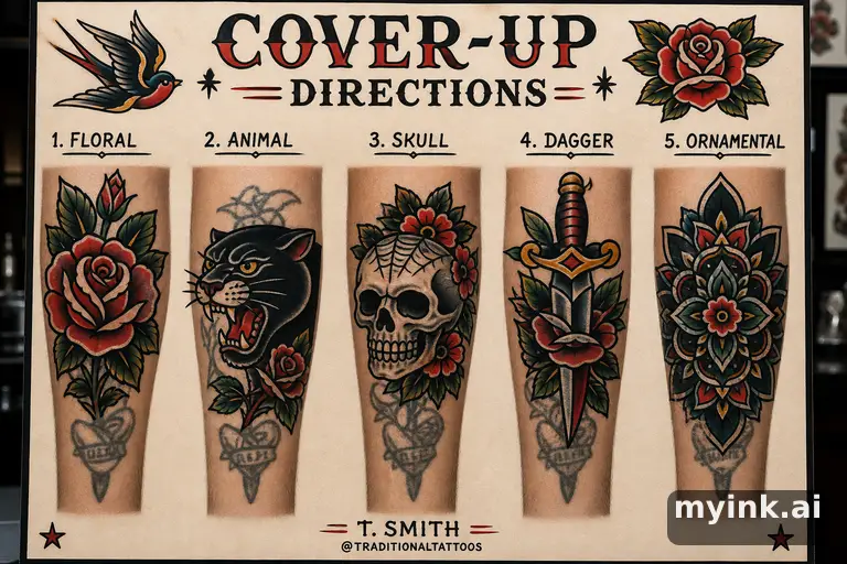 Cover-up tattoo planning board showing five blackwork directions — Traditional Tattoo Design reference image
