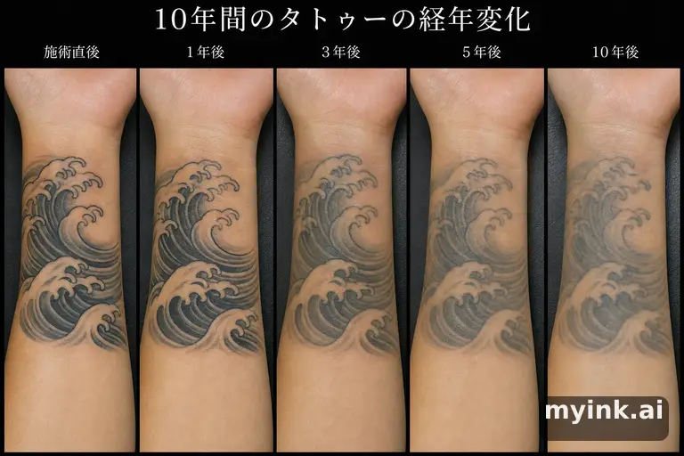 Tattoo aging comparison for a minimalist wrist design over ten years — Japanese Tattoo Design reference image