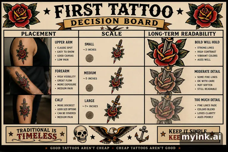 First tattoo decision board comparing placement — Traditional Tattoo Design reference image