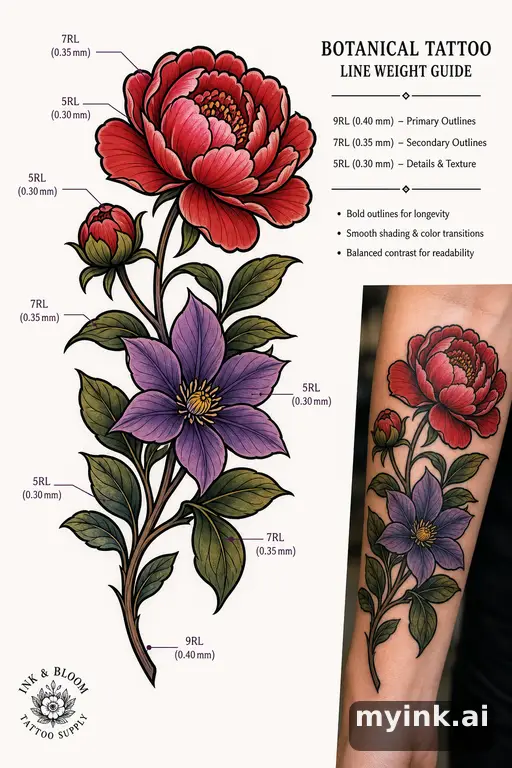 Clean stencil-ready botanical tattoo with line weight annotations — Neotraditional Tattoo Design reference image