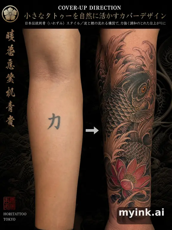 Before-and-after cover-up direction that absorbs an old small symbol — Japanese Tattoo Design reference image