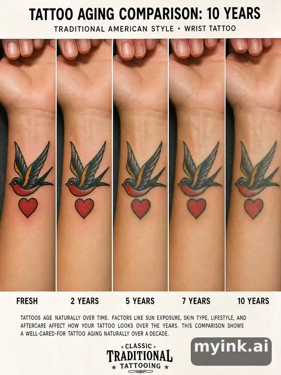 Tattoo aging comparison for a minimalist wrist design over ten years — Traditional Tattoo Design reference image