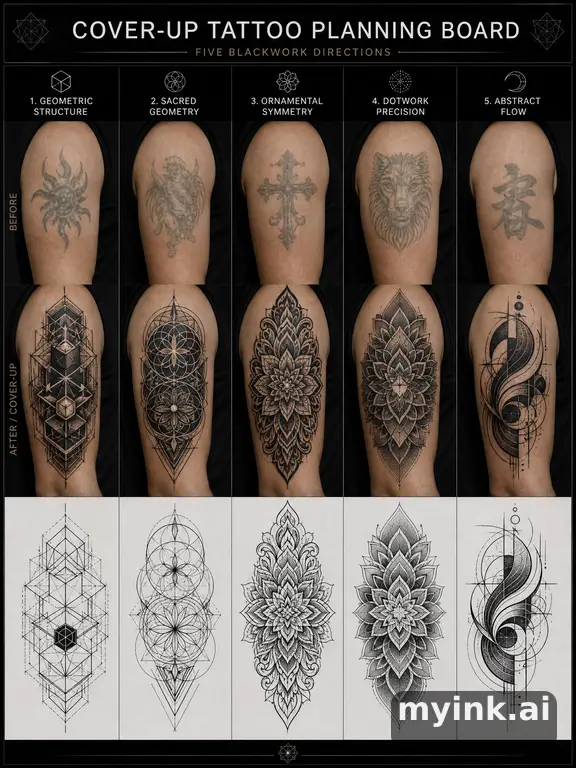 Cover-up tattoo planning board showing five blackwork directions β Geometric Tattoo Design reference image