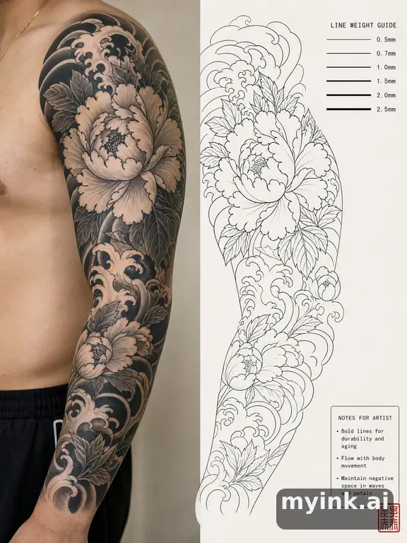Clean stencil-ready botanical tattoo with line weight annotations — Japanese Tattoo Design reference image