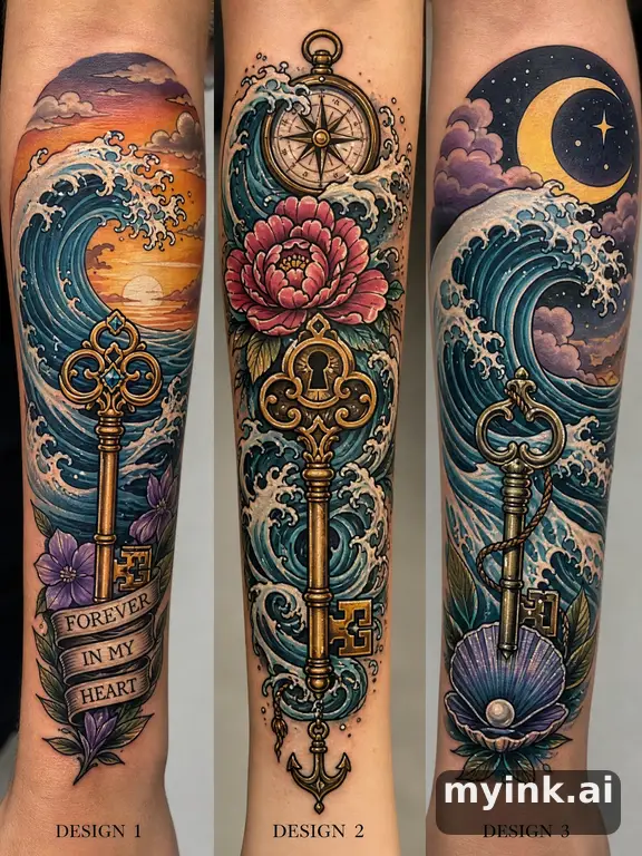 Three symbolic memorial tattoo routes based on ocean waves and a small key — Neotraditional Tattoo Design reference image