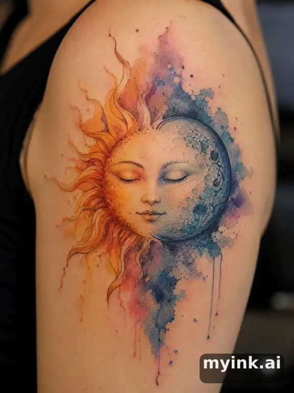 Sun and moon together — Watercolor Tattoo Design reference image
