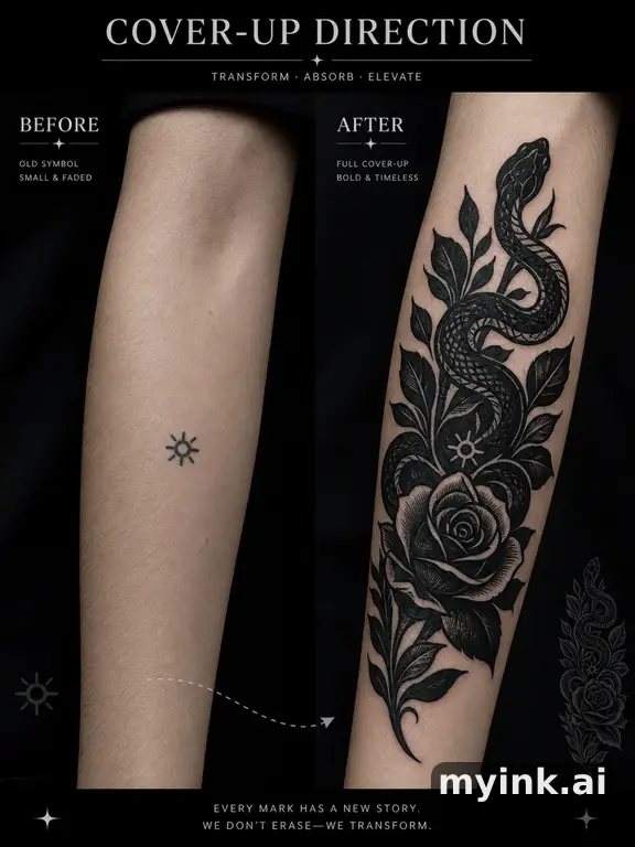 Before-and-after cover-up direction that absorbs an old small symbol β Blackwork Tattoo Design reference image