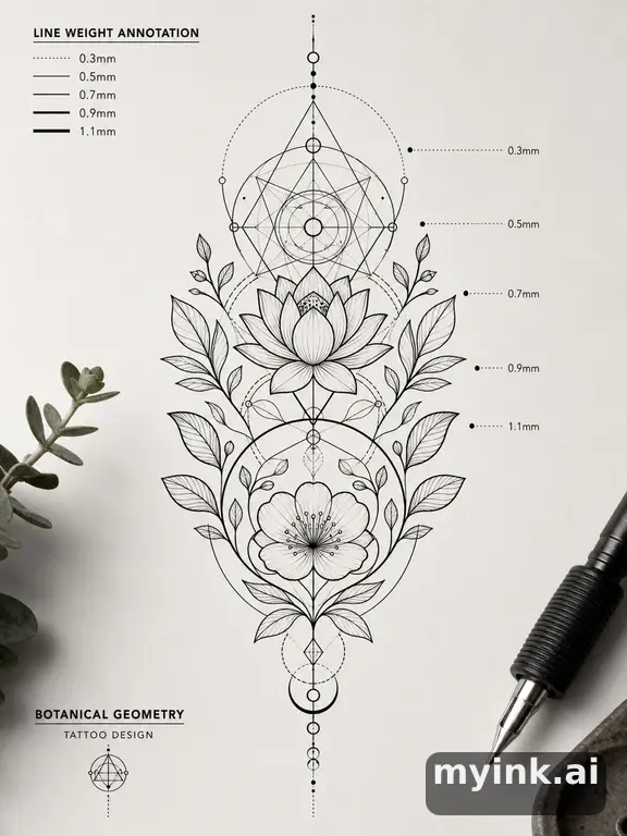 Clean stencil-ready botanical tattoo with line weight annotations β Geometric Tattoo Design reference image
