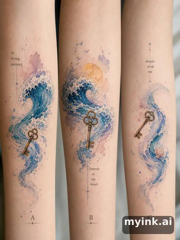 Three symbolic memorial tattoo routes based on ocean waves and a small key — Watercolor Tattoo Design reference image