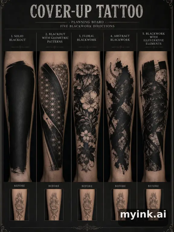 Cover-up tattoo planning board showing five blackwork directions β Realistic Tattoo Design reference image
