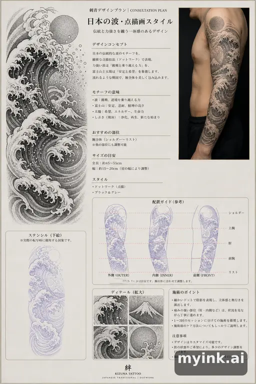 Consultation-ready Japanese wave tattoo plan with stencil and placement notes — Dotwork Tattoo Design reference image