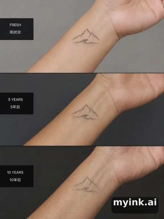 Tattoo aging comparison for a minimalist wrist design over ten years β Realistic Tattoo Design reference image