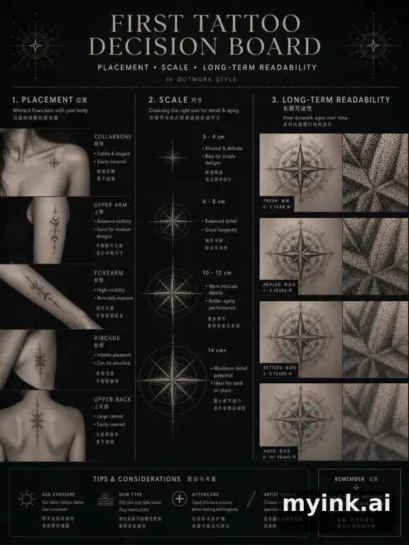 First tattoo decision board comparing placement — Dotwork Tattoo Design reference image