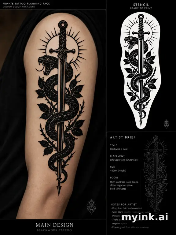 Private tattoo planning pack layout with main design β Blackwork Tattoo Design reference image