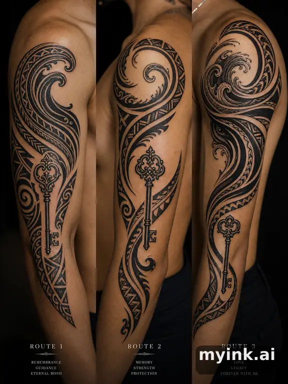 Three symbolic memorial tattoo routes based on ocean waves and a small key β Tribal Tattoo Design reference image