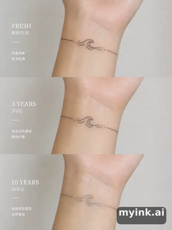 Tattoo aging comparison for a minimalist wrist design over ten years — Minimalist Tattoo Design reference image