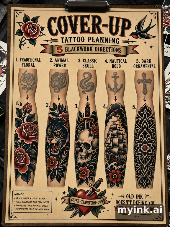Cover-up tattoo planning board showing five blackwork directions — Traditional Tattoo Design reference image