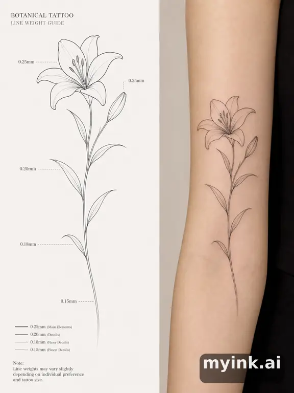 Clean stencil-ready botanical tattoo with line weight annotations — Minimalist Tattoo Design reference image