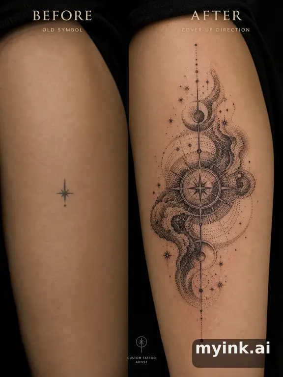 Before-and-after cover-up direction that absorbs an old small symbol — Dotwork Tattoo Design reference image