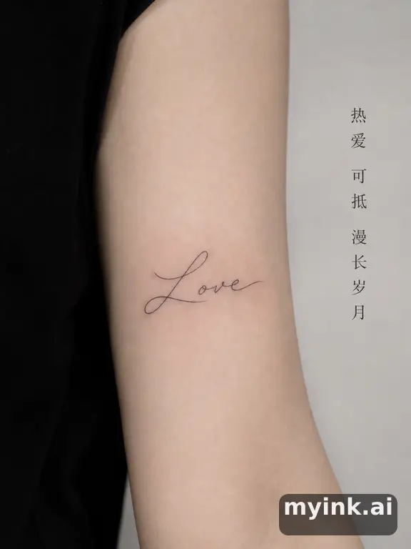 Word 'Love' in elegant handwriting — Minimalist Tattoo Design reference image